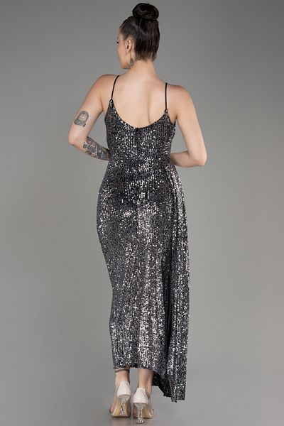 Efelif Φόρεμα Anthracite Strap Slit Midi Sequin ABK39868