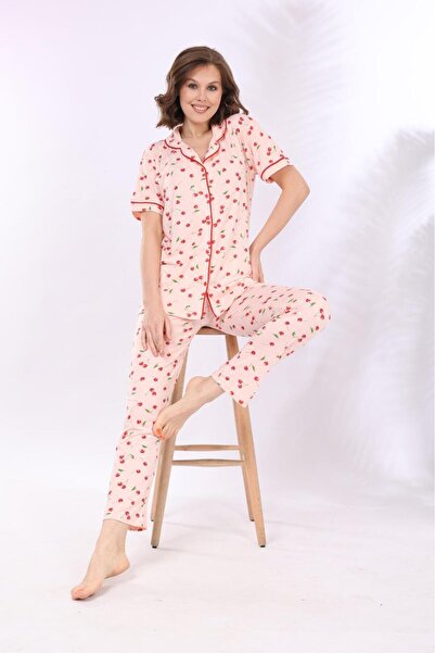 MEBA Set de pijamale cu mâneci scurte tricotate cu nasturi pentru femei, cu model de cireșe de somon