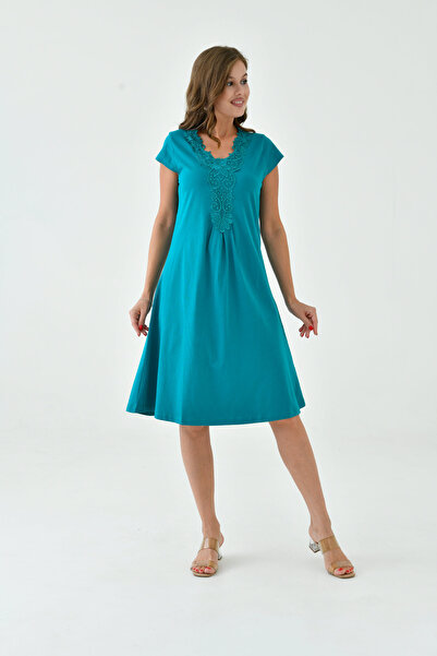 MAMAYAGA Γυναικείο νυχτικό φόρεμα με γιακά με κορδόνι σε γραμμή Α με μισό μανίκι βισκόζη καθημερινά Midi μήκους Plus Size