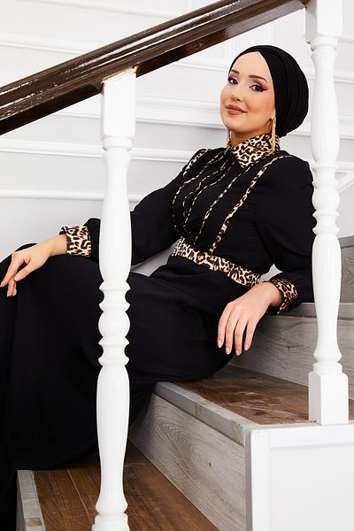 EBRUTESETTÜR Leopard Pattern Shirt Collar Hijab Dress