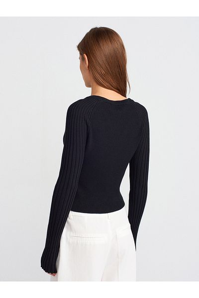 Dilvin 60967 Crew Neck Ribbed Buttoned Slim Knitwear Cardigan-Black