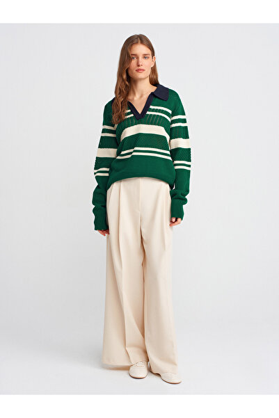 Dilvin 10716 Pulover tricotat cu dungi cu gât polo-verde-ecru