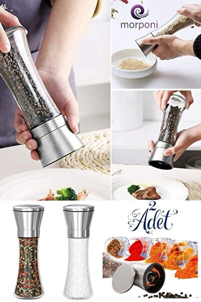 morponi Cam Gövdeli Paslanmaz Çelik Kapaklı Tuz Karabiber Değirmeni Tuz Karab...