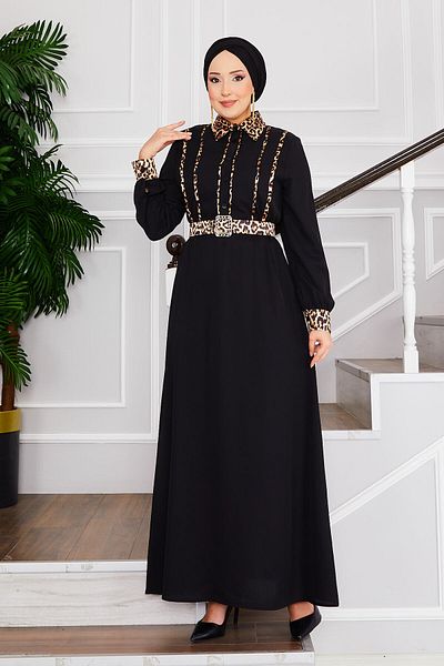 EBRUTESETTÜR Leopard Pattern Shirt Collar Hijab Dress