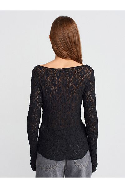 Dilvin 31648 Boat Neck Button Lace Cardigan-Black