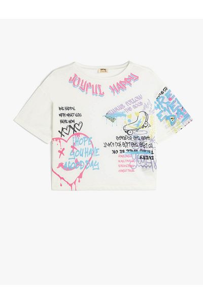 Koton Graffiti Printed Crop T-shirt με κοντό μανίκι Crew λαιμόκοψη
