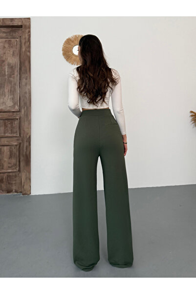 BİKELİFE Women's Khaki Lycra Velcro Closure Palazzo Wide Leg Pants