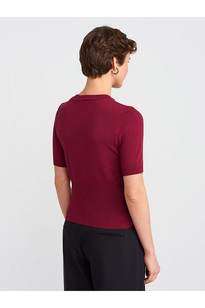 Dilvin 60965 Crew Neck Buttoned Knitwear Cardigan-Burgundy