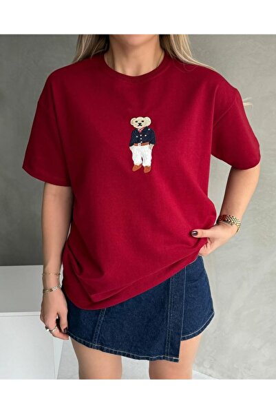 glanour تي شيرت أبيض تيدي بير مطرز كبير الحجم للنساء