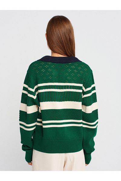 Dilvin 10716 Polo Neck Striped Knitwear Sweater-Green-Ecru