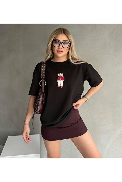 glanour تي شيرت نسائي أسود مطرز على شكل دمية دب مقاس كبير