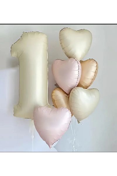 Çemrek Süs Parti Beige Number Foil Balloon Pink Beige Caramel Heart Foil Balloon Set 8 Pieces