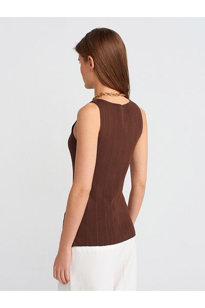 Dilvin 10726 Boat Neck Ribbed Knitwear Blouse-Brown