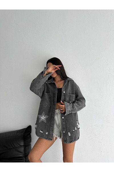 Sep Butik Oversize Denim Jacket with Stones and Shiny Star Pattern