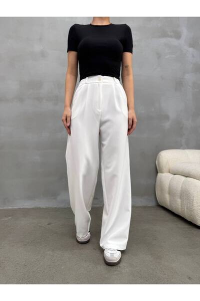 Stil Sepeti Women's White High Waist Pleated Palazzo Fabric Pants