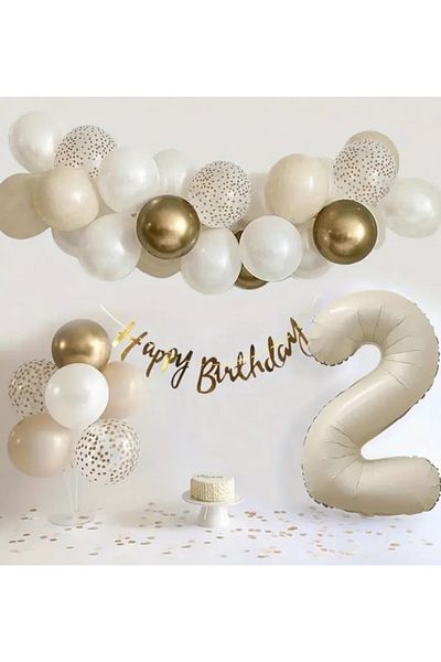 Çemrek Süs Parti Beige Number Foil Balloon Transparent Gold Sequin Gold Chrome White Retro White Balloon Chain Set 40 Pieces