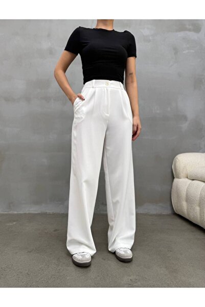 Stil Sepeti Women's White High Waist Pleated Palazzo Fabric Pants