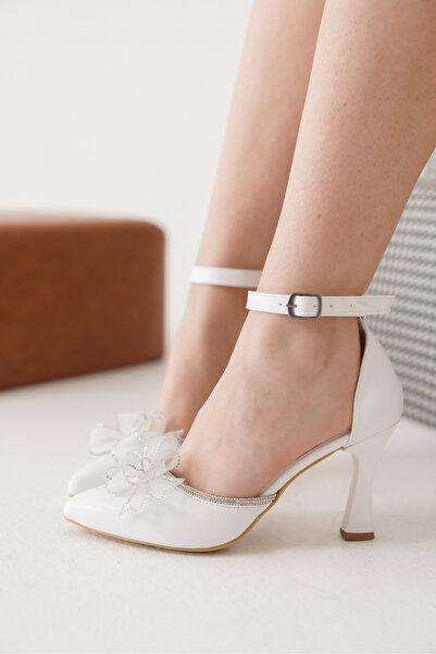 Moda Değirmeni White Skin Women's Stoned Tulle Bow Stylish Evening Dress Heeled Shoes Md1001-119-0002