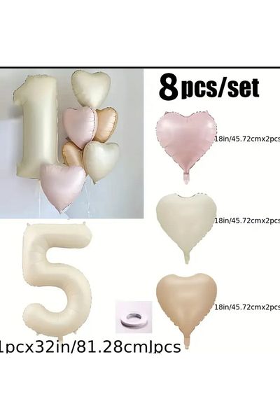 Çemrek Süs Parti Beige Number Foil Balloon Pink Beige Caramel Heart Foil Balloon Set 8 Pieces