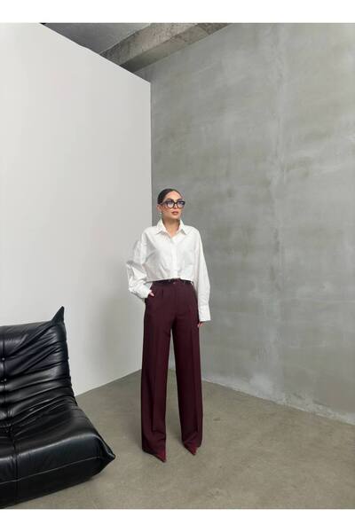 Stil Sepeti Dámske bordové skladané nohavice Palazzo Fabric s vysokým pásom