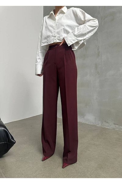 Stil Sepeti Women's Burgundy High Waist Pleated Palazzo Fabric Trousers