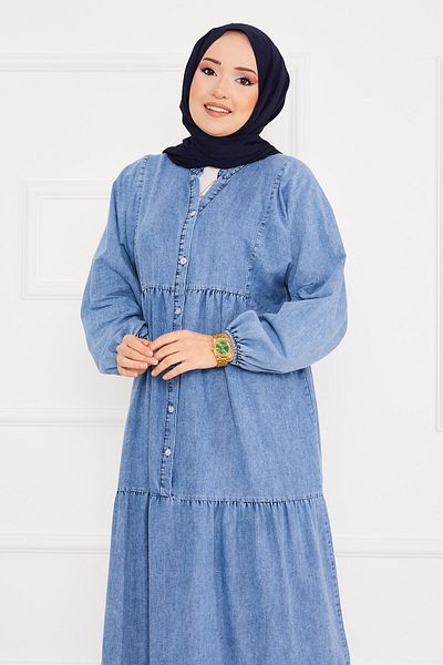 EBRUTESETTÜR Half Button Gathered Hijab Denim Dress