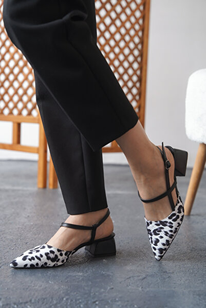 Lizzu Women's Emoi Black White Leopard Design, Barette Back Open Heeled Shoes
