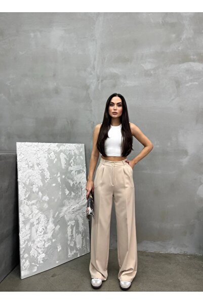 Stil Sepeti Dámske béžové skladané nohavice Palazzo Fabric s vysokým pásom DRL-100078236