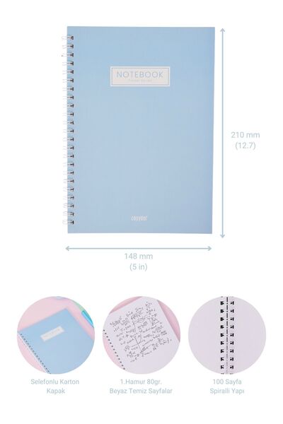 Copyder Синій пастельний колір, прямий спіральний, A5, без ліній, 100 сторінок, шкільний зошит