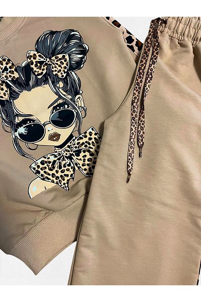 Fil Kids Κοριτσίστικο μακρυμάνικο Leopard Esfenyan Σετ - Βαμβακερό Γάλα Καφέ Χρώμα 100%