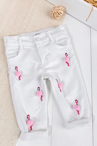 Babymod Flamingo Pompom Baby Girl Denim Trousers White