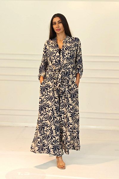 Keyifli Moda Women's Navy Blue Patterned Shirt Pants Set with Epaulets and Pockets