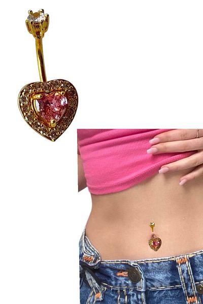 TAKIŞTIR Gold Color Pink Heart Figured Surgical Steel Belly Piercing