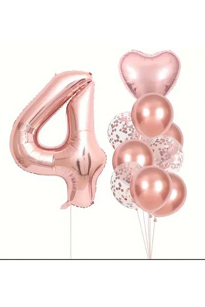 Çemrek Süs Parti 100cm Rose Foil Numeral and Rosegold Transparent Sequin Balloon Set 12 Pieces