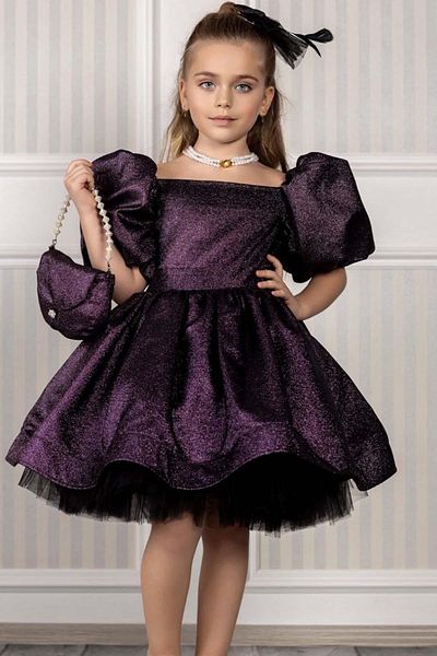 Riccotarz Girl's Balloon Sleeve Purple Evening Dress with Shiny Glitter Puffy Skirt