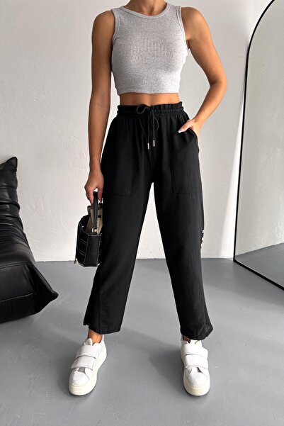 İstangül Butik Linen Trousers with Mesh and Button Detail