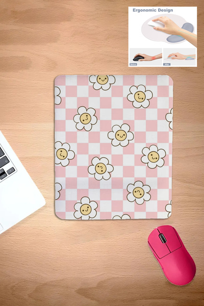 KARMAT Roz-alb în carouri, model cu margarete, confortabil, mousepad cu supor...