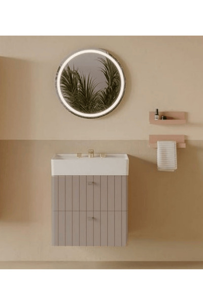 AdnDesing Banyo Alt Dolabı-Asma 2 Kapaklı- Ahşap Mdf 81 Cm -Ledli Aynalı-Lavabolu