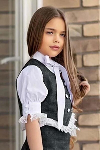Riccotarz Girl's Sleeves Lace Embroidered Short Sleeve Shirt, Striped Lace Vest Black Skirt Suit