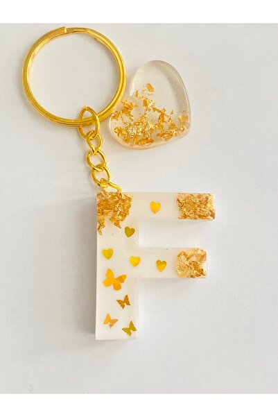 Ustaeller KİŞİYE ÖZEL F HARFİ HEDİYELİK ANAHTARLIK BEYAZ RENK ÜZERİNDE SARI F...