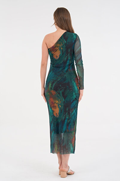 bayansepeti Digital Printed Lined Tulle Fabric Drawstring and One Shoulder Detail Midi Pencil Dress 213