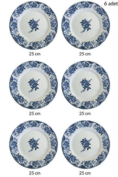 porselenden Vintage Blue 6 Kişilik 25 Cm Özel Tasarım Premium Porselen Servis Tabağı Takımı