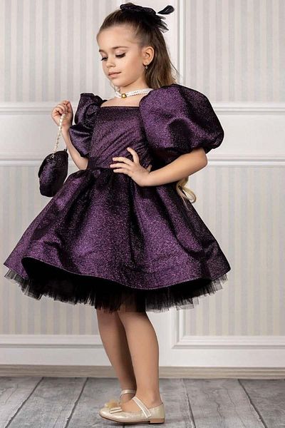 Riccotarz Girl's Balloon Sleeve Purple Evening Dress with Shiny Glitter Puffy Skirt