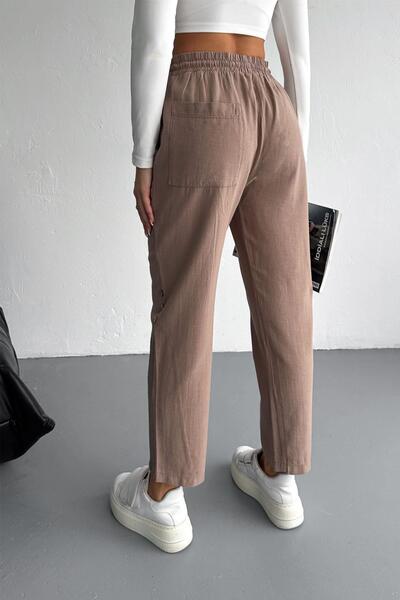 İstangül Butik Linen Trousers with Mesh and Button Detail
