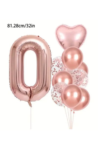 Çemrek Süs Parti 100cm Rose Foil Numeral and Rosegold Transparent Sequin Balloon Set 12 Pieces