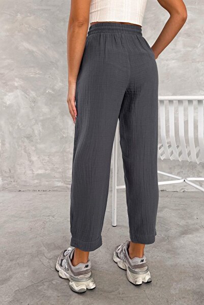 İstangül Butik Cotton Muslin Fabric Balloon Trousers with Leg Cuffs