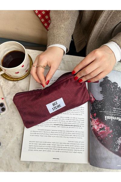 bee store Claret Red, Washable Zippered Single Eye Fabric Pencil Case, Makeup Bag, Pen Holder