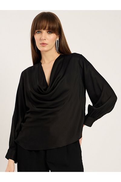 Femmella By Styli Satin Cowl Neck Asymmetrical Hem Top