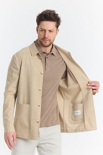 Frappoli Ανοιξιάτικο μπουφάν Zevos Ανδρικό Camel Linen Mixed Overshirt Νέα σεζόν