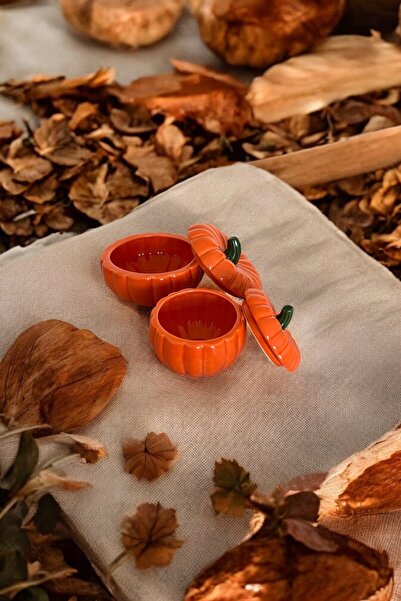 Yuva Concept Set of 2 Decorative Pumpkin with Lid Small Size 8X8 Sugar Bowl-Turkish Delight Bowl-Spice Bowl- Presentation Bowl-Orange